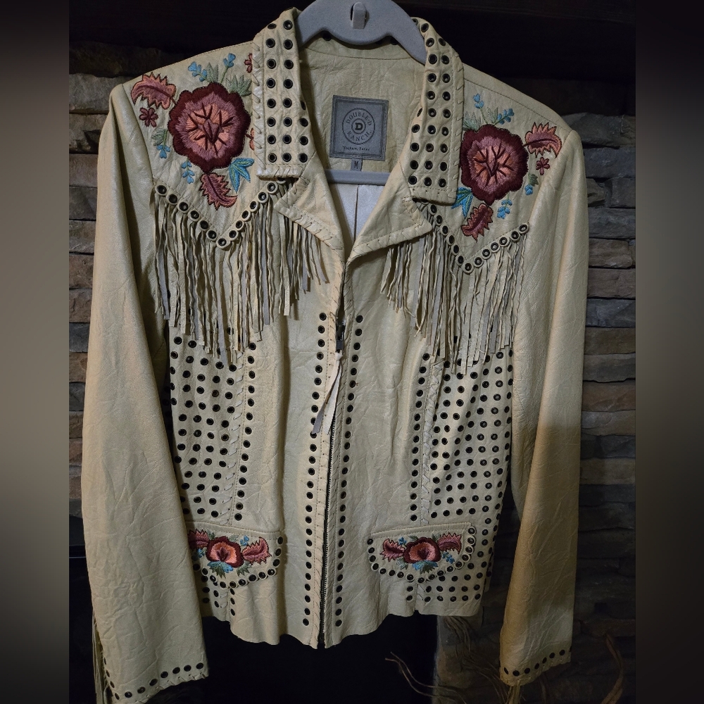 Double D Ranch Pale Yellow Cream Leather Jacket with Floral Embroidery